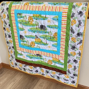 Handmade Jungle Safari Baby Quilt: Gender Neutral, Elephants Monkeys Hippos