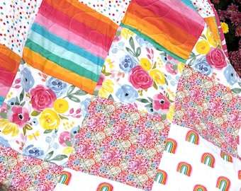 Baby Girl Quilt: 37 X 45, Rainbows and Florals, Handmade