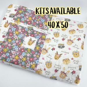Baby Girl Quilt KIT Precut Fabrics and Pattern 40 x 50 Boho Woodland Quilt Kit, Woodland Animals Baby Blanket, Forest Animal Fabrics