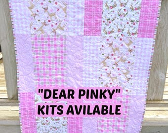 Kit de edredón para bebé niña con diseño de ciervo, telas de franela precortadas en rosa y blanco, patrón fácil para principiantes, 37 x 50