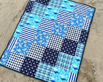 Shark Baby Quilt KIT - Precut Fabrics and Pattern - 36 x 45 - Ocean Baby Blanket