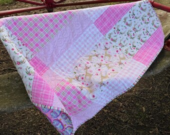 Woodland Deer Baby Girl QUILT Flannel Fabrics Pink and White 37 x 50