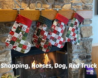Handmade Dog Christmas Stocking With Tag, Quilted Xmas Stockings, Personalize Yourself Stockings, , 16 x 12, Dog Stocking is 3rd from left