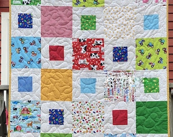 Manta para bebé hecha a mano con temática de granja: 48x57, unisex, manta para bebé con temática de granja.