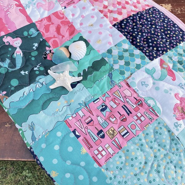 Quilt Sale, Handmade Baby Girl Quilt, Mermaid Quilt 36 x 45, Gift Newborn, Under the Sea Nursery, Aqua and Navy Nursery, Tummy Time