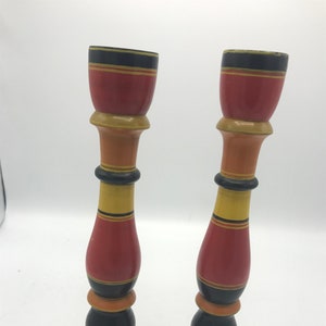 Rare Vintage Large Wooden  Red Yellow Black Striped Candle Holder - Hand Painted