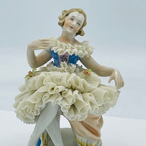 Vintage Dresden Lace Figurine Young girl holding a fan Porcelain Figurine Marked Germany 4 tall