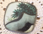 Adorable Cinese Porcelain Trinket or Pill Box Hand Painted Green leaf Square Silver Metal Raised design