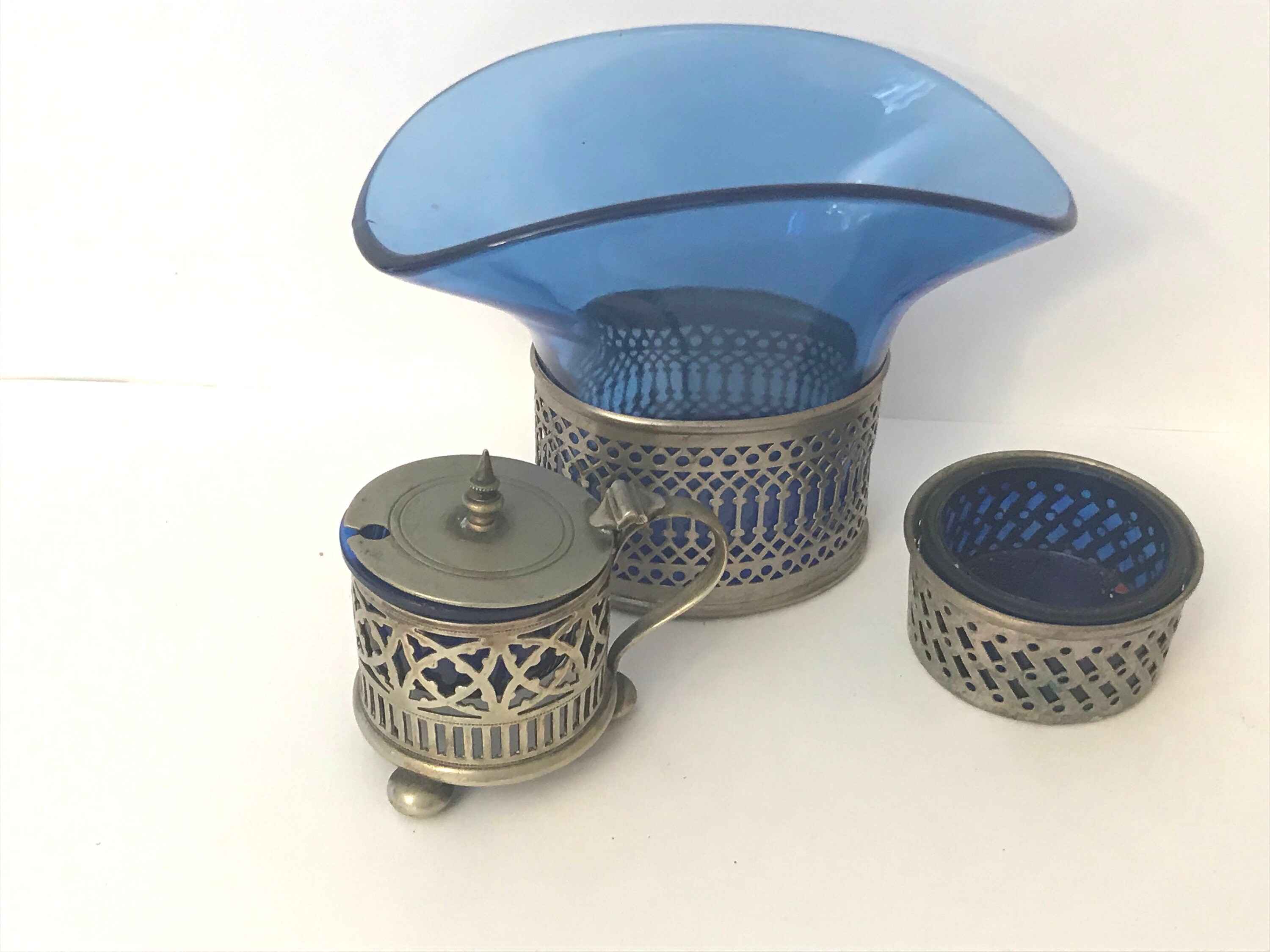 Vintage EPNS  Cobalt Blue Glass Bud Vase, Mustard Jar and Sugar or Sauce Bowl in Art Deco Style Metal Holders