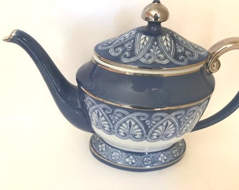 Vintage  Bombay "Tile" Platinum Trim  Blue and White Coffee  Tea Pot-Nice Condition