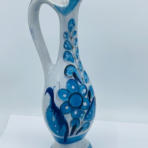 Vintage Tonala Pottery Mexico Blue Bird Pitcher  Tall Butterfly Leaves Signed 10.5&quot;
