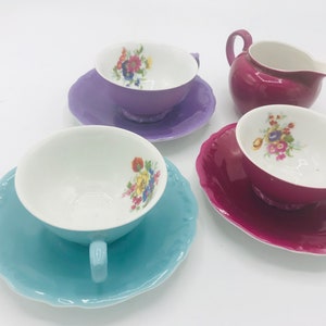 Vintage Victoria Czechoslovakia Demitasse Set 3 Cups & Saucers and matching Creamer  Porcelain Multi Color