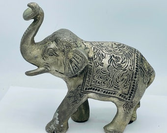 Vintage Silver Tone Cast Metal Carved Elephant Figurine Statue- 8" X 7" X 3"