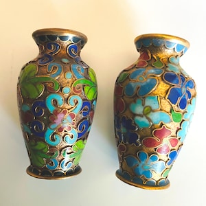 Vintage Pair of Small Miniature Chinese Cloisonné Floral  Gold Vases Brass Enamel - 2 1/8&quot; tall
