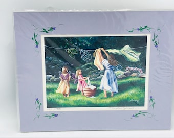 Fairy Art Print by Mishell Swartwout signed - fairies doing the wash Matted  Sealed in Original package