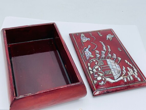 Asian Mother of Pearl Inlay  Red Lacquer Box Swan… - image 2