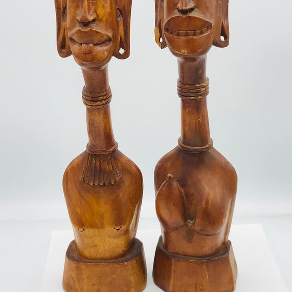 Hand Carved African Hardwood Tribal Male Female Fertility Statues 20thC,- Rare Find- 14.5"