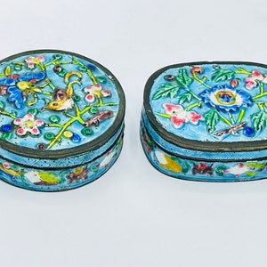 Antique Pair of Chinese Asian Enamel Metal Box Floral Marked CHINA -Turquoise and Pink Blue Flowers 3&quot;