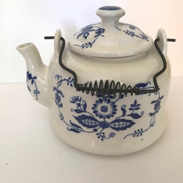 Vintage  Blue Onion- Ceramic Tea Pot with Metal Spring Handle-Japan