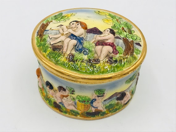 Vintage Hand Painted Small Italian Ceramic Floral Capodimonte Style Trinket Basket