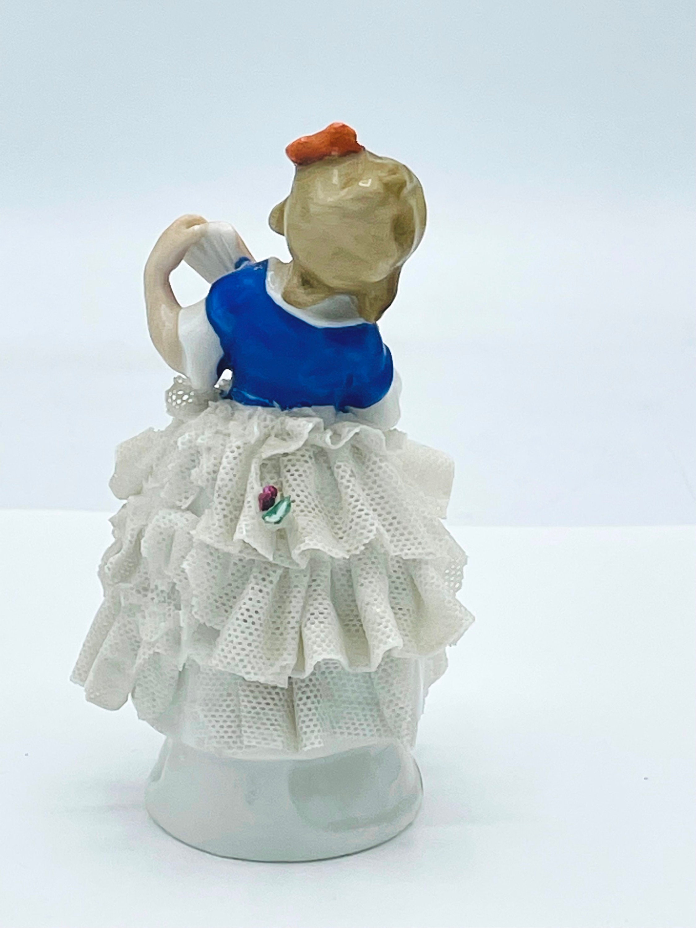 Vintage Dresden Lace Figurine Young girl holding a fan Porcelain Figurine Marked Germany 4 tall