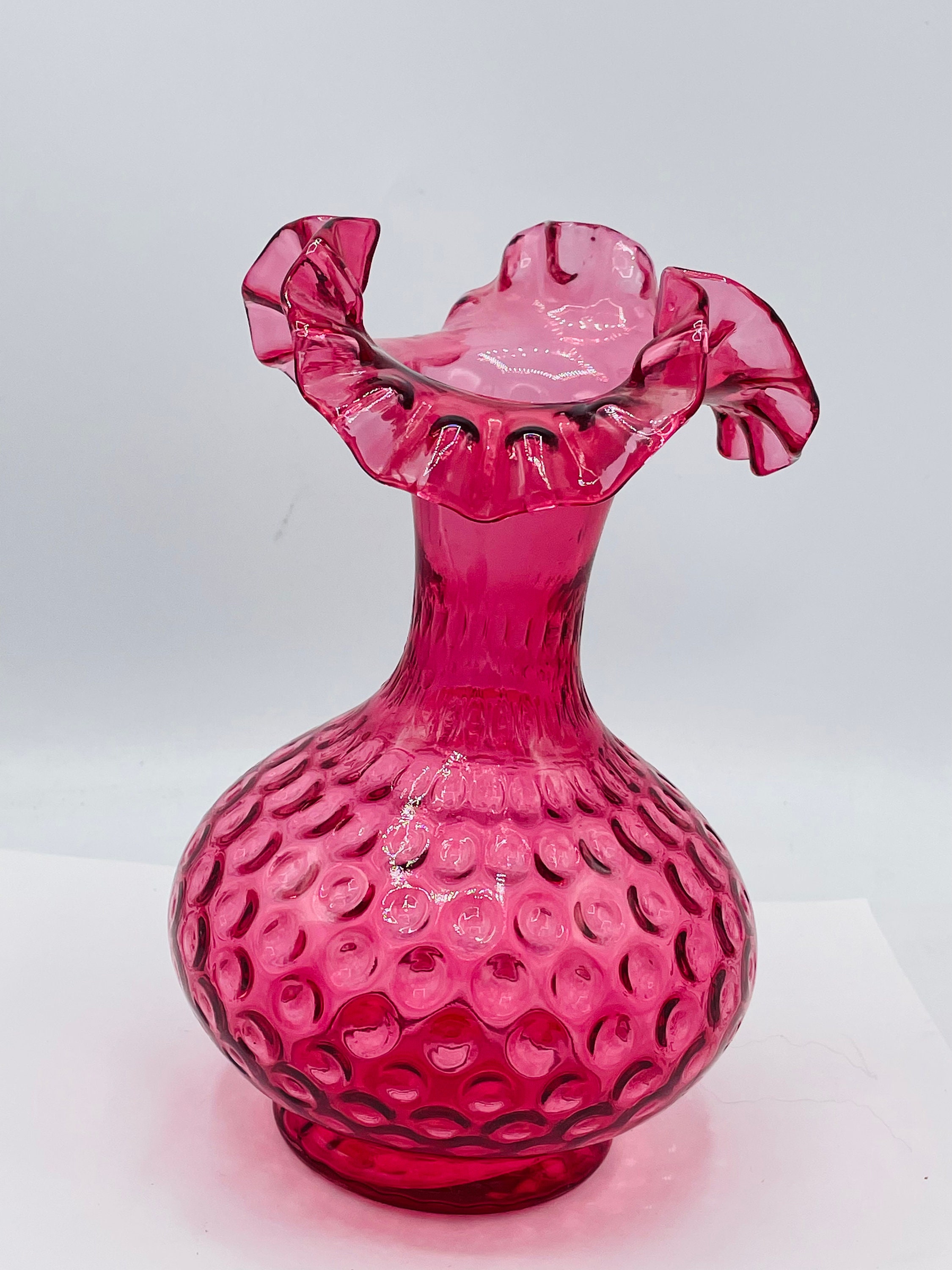 Vintage Fenton Cranberry Reverse Thumbprint Coin Dot Ruffled Rim Vase 8 ...
