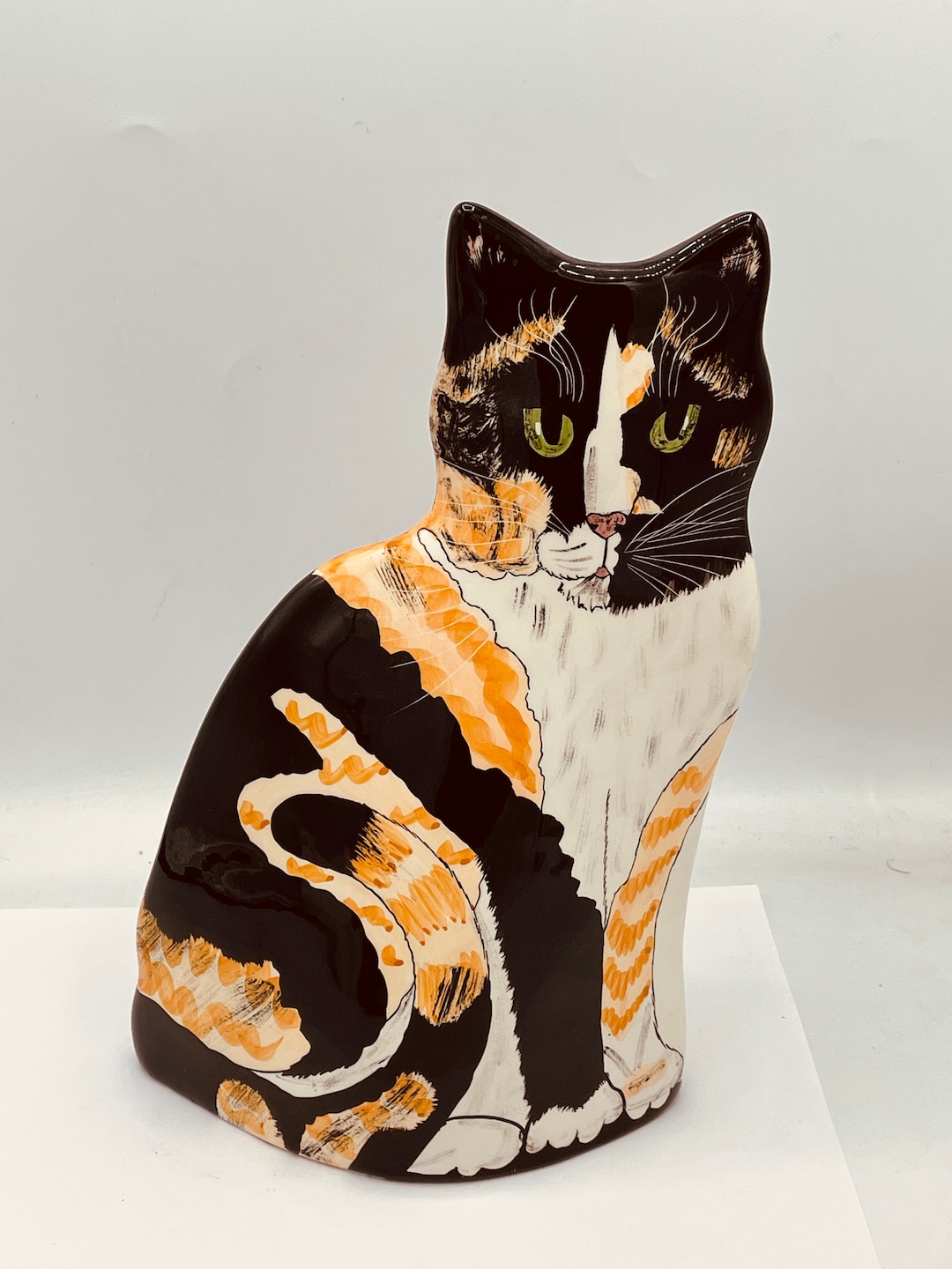 Cats by Nina Lyman Calico Tabby Cat Vase Ceramic Art 11 1/4 Tall C 2001