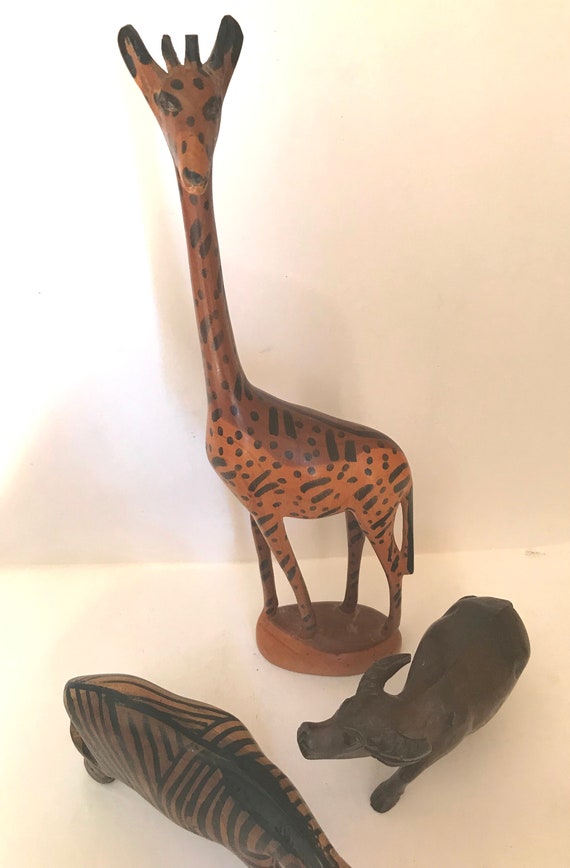 Vintage 3 PC Giraffe, Ox, Zebra Hand Carved African- Made in Vintage 3 PC Giraffe, Ox, Zebra Hand Carved African- Made in