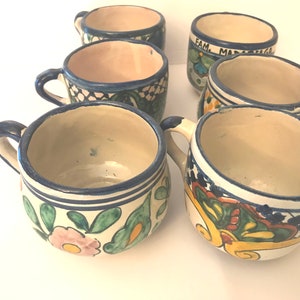 Vintage (6) Hand Painted Red Clay Folk Art Mugs Mexico -Mexican Pottery Coffee Cups- Talavera Mexico