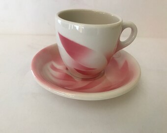 Vintage Syracuse China Restaurant Ware Cup and Saucer Set- Pink Swirl - Palm Airbrush Design - for Espresso or Demitasse