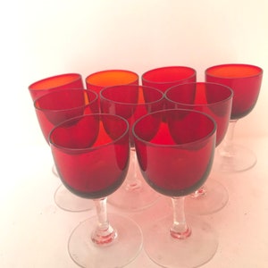 Set of (9) Vintage Red Cordial  Shot Clear Stemmed Glasses 2.75&quot; High- 1 ounce