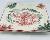 Vintage Christmas Transferware Platter Red and Green Square- Christmas Tale- Nice Condition