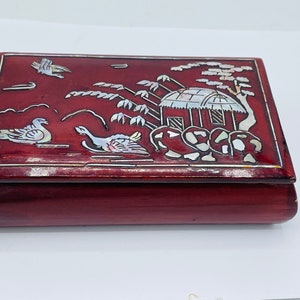 Asian Mother of Pearl Inlay  Red Lacquer Box Swans  and Pagoda