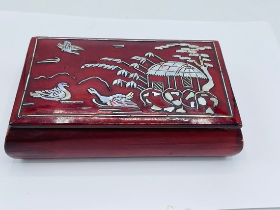 Asian Mother of Pearl Inlay  Red Lacquer Box Swan… - image 1