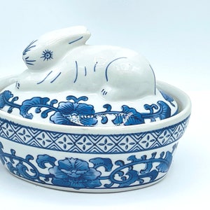 Vintage Bombay Blue and White Design Bunny rabbit Trinket Dish ~ Hand Painted- Easter Decoration Gift