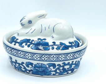 Vintage Bombay Blue and White Design Bunny rabbit Trinket Dish ~ Hand Painted- Easter Decoration Gift