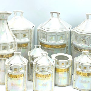 Antique White Block German Lustreware Canister Set 9 Pieces Pearl Lustre