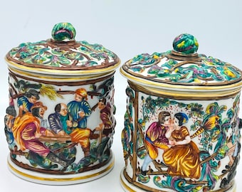 Antique Pair (2)  Richard Ginori Capodimonte  Italian Porcelain Dresser Vanity Trinket Boxes Marked Blue Crown over N- 1771 - 1817 Italy