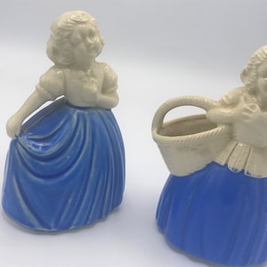 Vintage Pair of Lady Figurine Planters  ceramic planter or vase with pretty Blue and Cream Colors- Chip Free- Marked Japan in Black