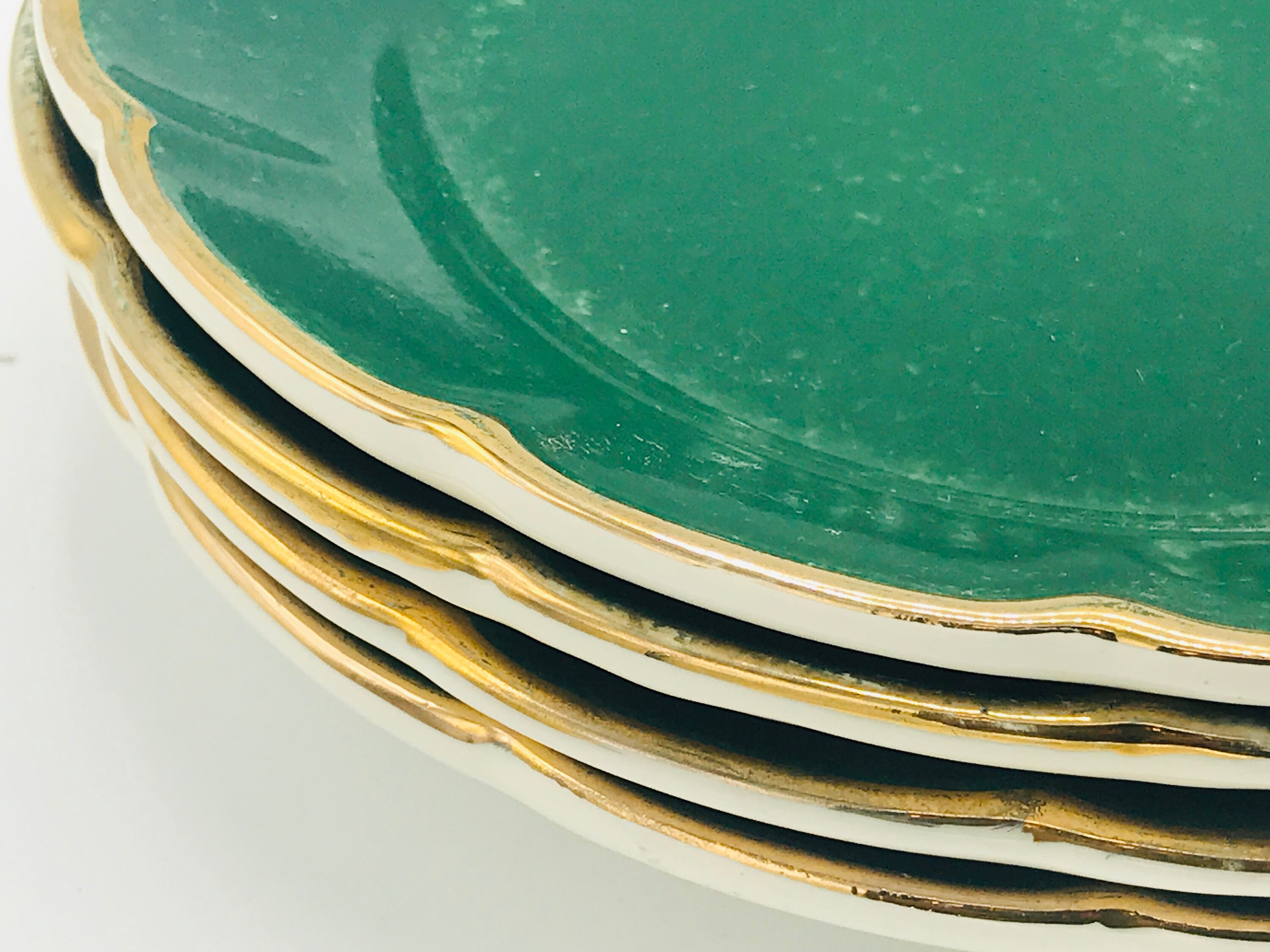 Vintage 4 Piece Green Plates Scalloped Edges Gold Trim Etsy