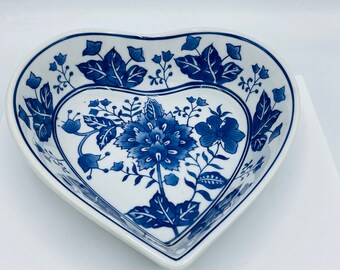 Vintage  Porcelain  Formailites by Baum Bros Heart shaped Bowl Blue and White, Blue Floral Pattern 9"  Chip Free