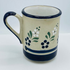 Vintage  Mexican hand-painted sandstone enameled MUG - Great Condition- Flowers Blue and White