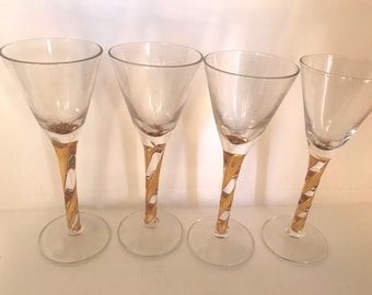 Vintage set of four (4) Glass Cordials with gold filled Spiral  stems- shot or cordial glass- Nice condition