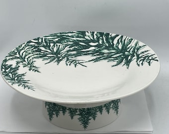 Pedestal Cake Stand Plate 10 in Royal Norfolk Pine Tree Dinnerware | Winter Cabin Stoneware Green and White