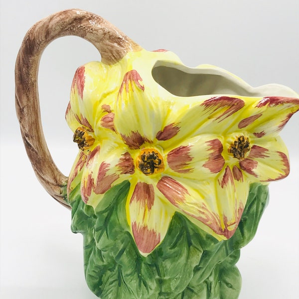 Vintage  Flower Water  Pitcher White and 3 D Bright Yellow flower Hand Made in Italy- 48 ounce