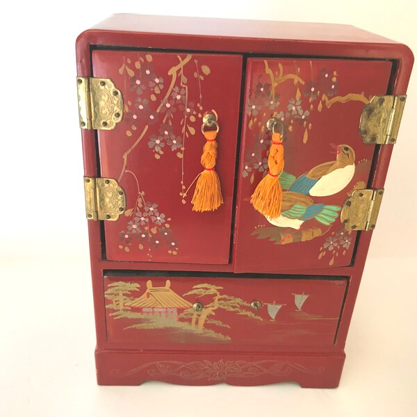 Vintage Asian Red Enamel Lacquer Hand painted Jewelry Box-with Drawers Marked Japan