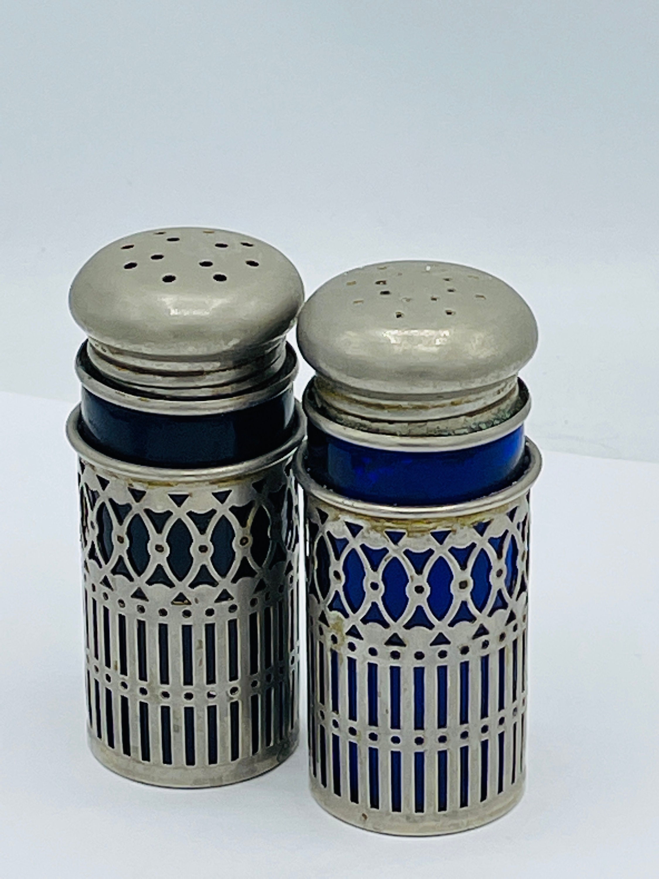 Vintage Pair of Silver Plate and Cobalt Blue Salt & Pepper Shakers