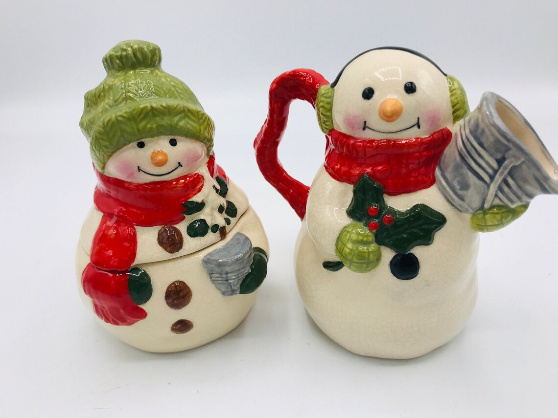 Vintage Pair Snowman Ceramic Creamer and Sugar Bowl Set Etsy