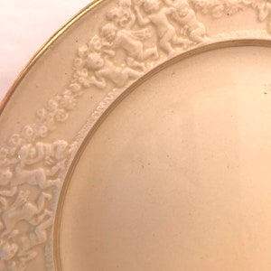 Vintage 4 PC Adams Royal Ivory Titian Ware Embossed Cherub Dinner Plates Embossed Plates Ivory Cream Plates gold trim