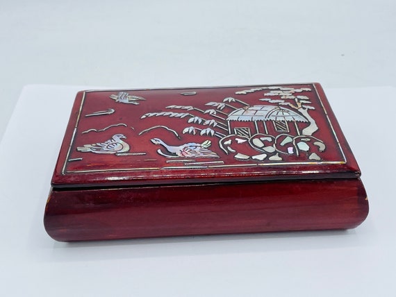 Asian Mother of Pearl Inlay  Red Lacquer Box Swan… - image 4